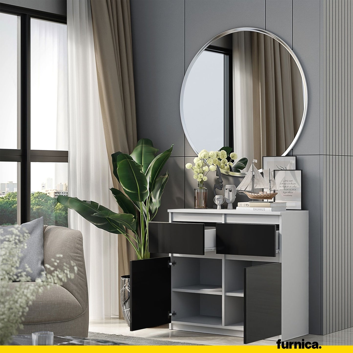 NOAH - Kommode / Sideboard mit 2 Schubladen und 2 Türen - Weiß Matt / Schwarz Gloss H75cm B80cm T35cm