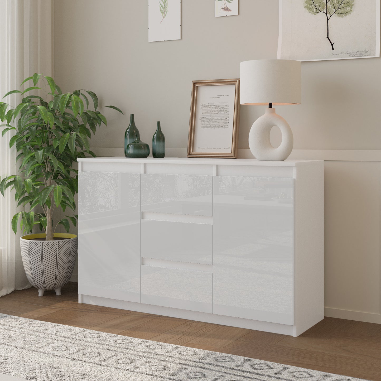 MIKEL - Kommode / Sideboard mit 3 Schubladen und 2 Türen - Weiß Matt / Weiß Gloss H75cm B120cm T35cm