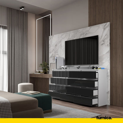 GABRIEL - Kommode / Sideboard mit 12 Schubladen (8+4) - Weiß Matt / Schwarz Gloss H92cm B180cm T33cm