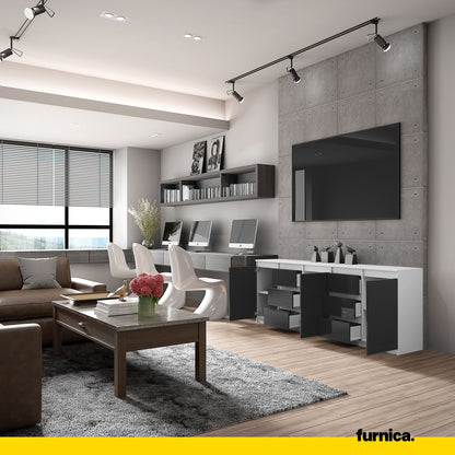 MIKEL - Kommode mit 6 Schubladen und 3 Türen - Schlafzimmer Kommode Aufbewahrungsschrank Sideboard - Weiß Matt / Schwarz Glanz H75cm B200cm T35cm