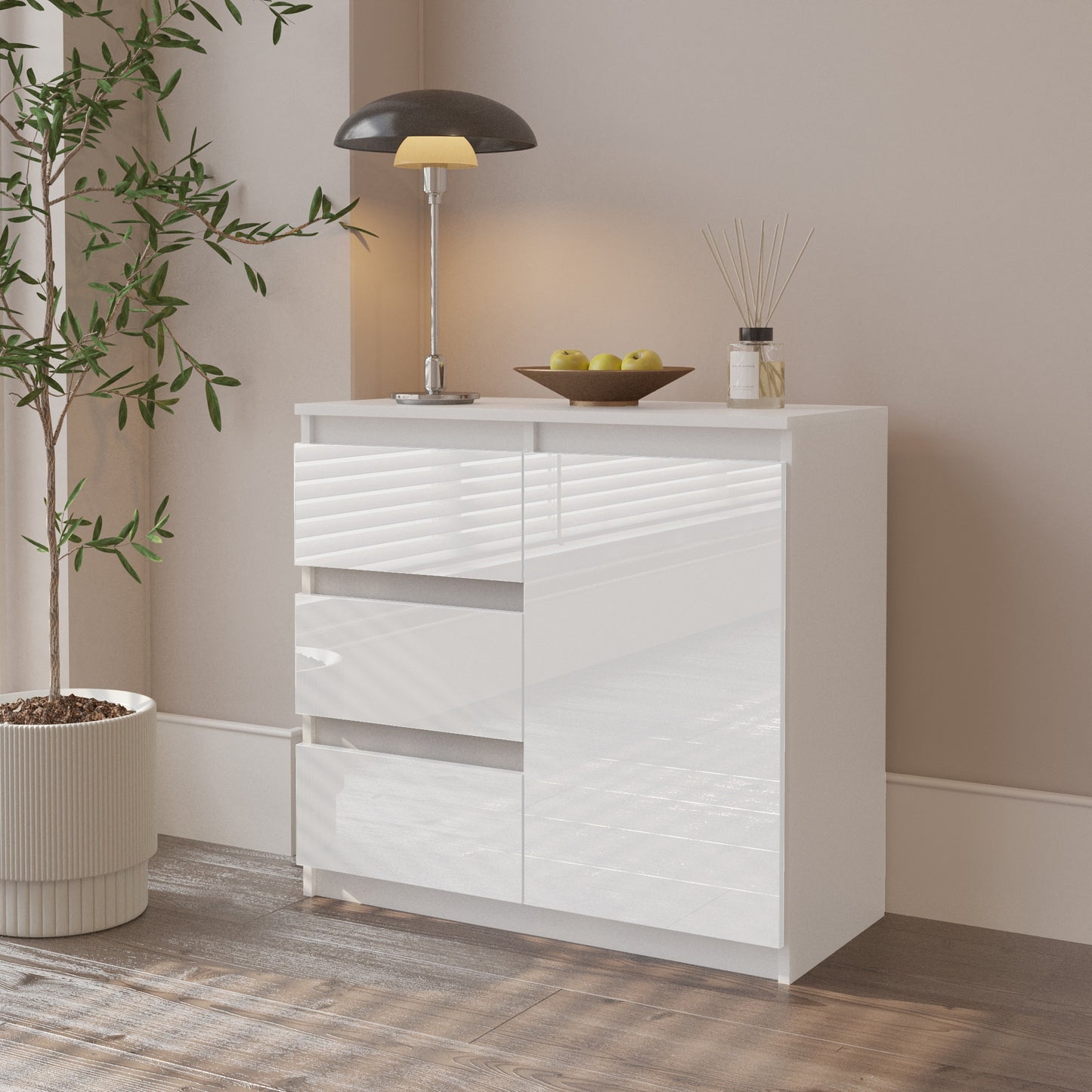 MIKEL - Kommode / Sideboard mit 3 Schubladen und 1 Tür - Weiß Matt / Weiß Gloss H75cm B80cm T35cm