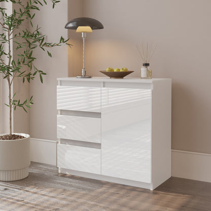 MIKEL - Kommode / Sideboard mit 3 Schubladen und 1 Tür - Weiß Matt / Weiß Gloss H75cm B80cm T35cm