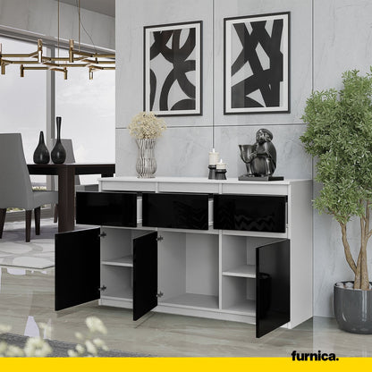 NOAH - Kommode / Sideboard mit 3 Schubladen und 3 Türen - Weiß Matt / Schwarz Gloss H75cm B120cm T35cm