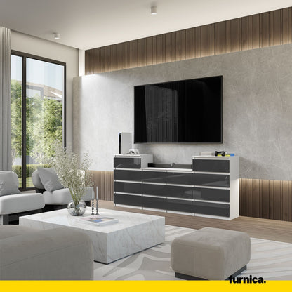 GABRIEL - Kommode / Sideboard mit 14 Schubladen (4+6+4) - Weiß Matt / Anthrazit Grau Gloss H92/70cm B220cm T33cm