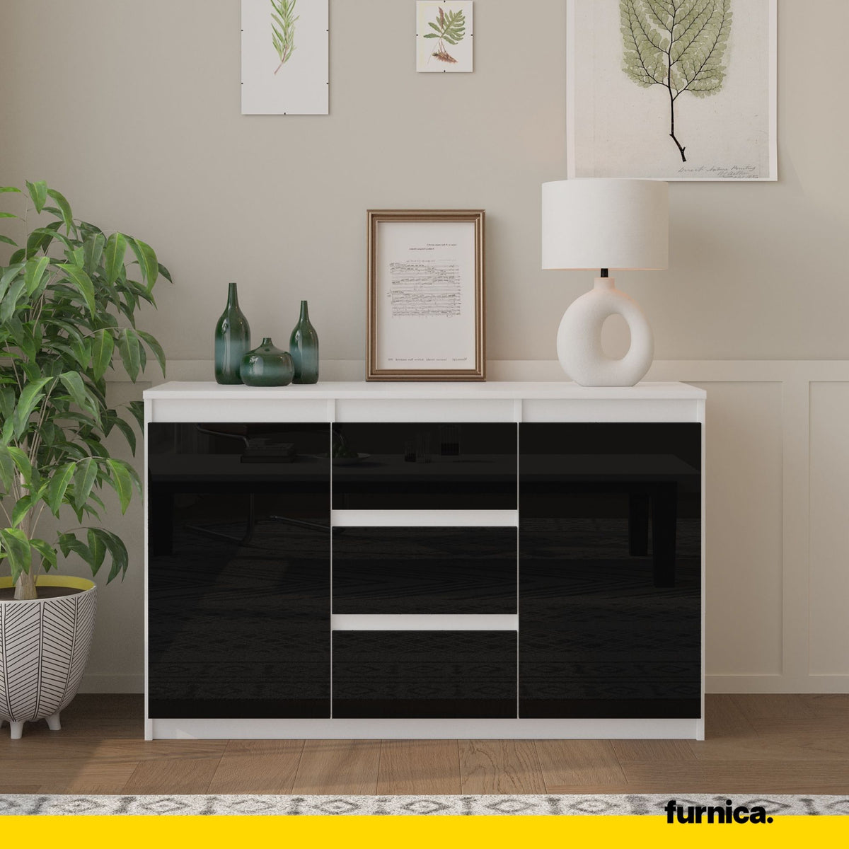 Kommode 120 cm MIKEL, Weiß Matt/Schwarz Gloss – Furnica