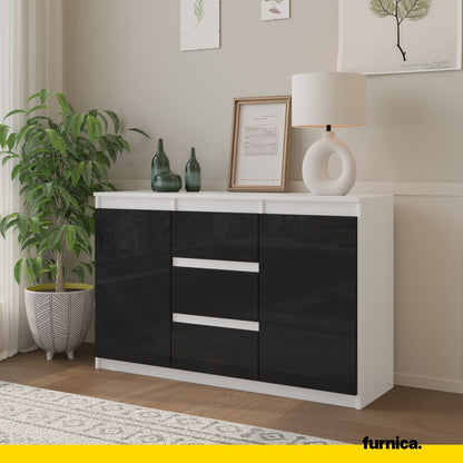 MIKEL - Kommode / Sideboard mit 3 Schubladen und 2 Türen - Weiß Matt / Schwarz Gloss H75cm B120cm T35cm