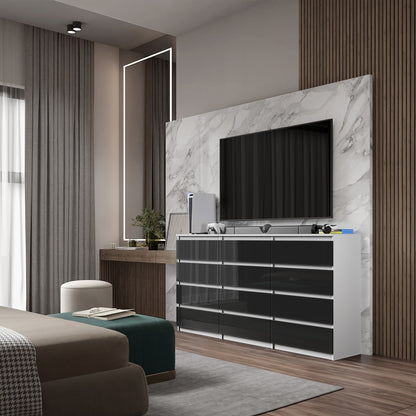 GABRIEL - Kommode / Sideboard mit 12 Schubladen (8+4) - Weiß Matt / Schwarz Gloss H92cm B180cm T33cm