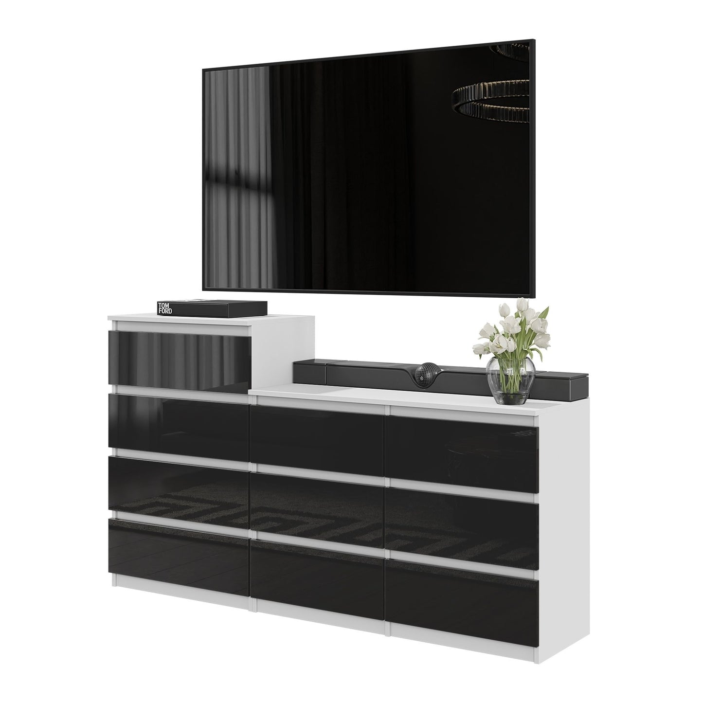 Kommode / Sideboard mit 10 Schubladen (6+4) - Weiß Matt / Schwarz Gloss H92/70cm W160cm D33cm
