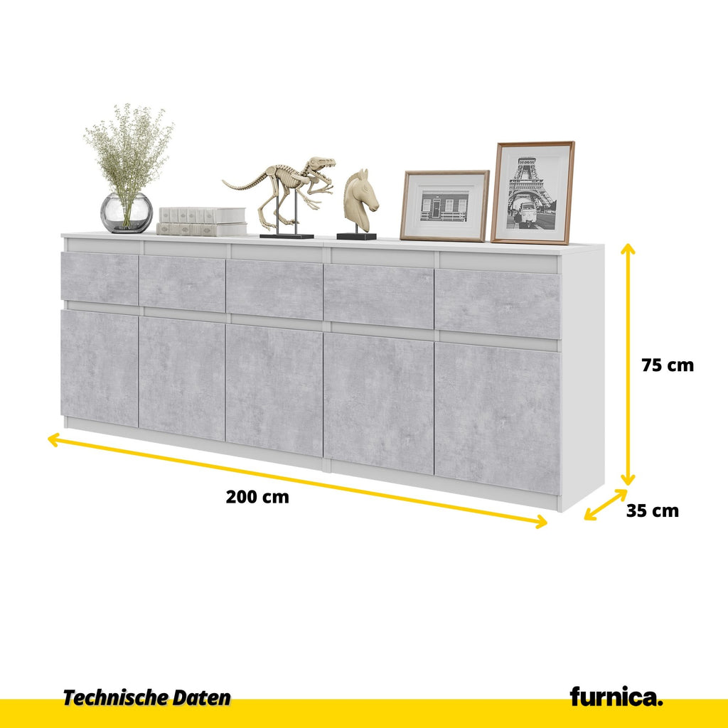 NOAH - Kommode mit 5 Schubladen und 5 Türen - Schlafzimmer Kommode Aufbewahrung Schrank Sideboard - Weiß Matt / Beton-Optik H75cm B200cm T35cm