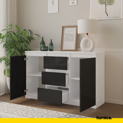 MIKEL - Kommode / Sideboard mit 3 Schubladen und 2 Türen - Weiß Matt / Schwarz Gloss H75cm B120cm T35cm