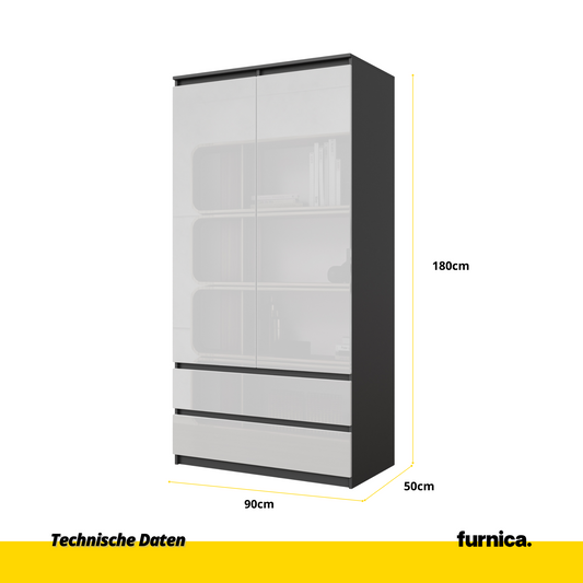 JOELLE - Kleiderschrank mit 2 Türen und 2 Schubladen -  Anthrazit / Weißglanz H180cm B90cm T50cm