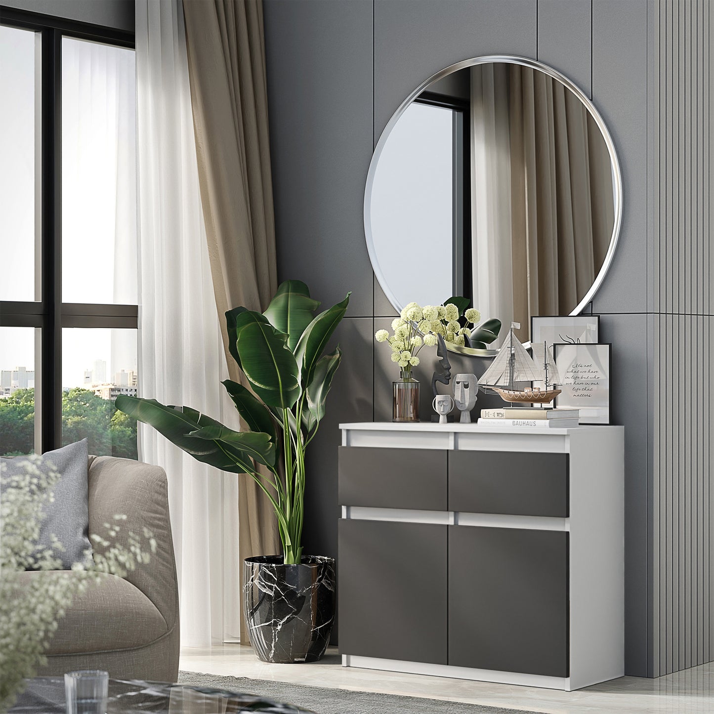 NOAH - Kommode / Sideboard mit 2 Schubladen und 2 Türen - Weiß Matt / Anthrazit Grau H75cm B80cm T35cm