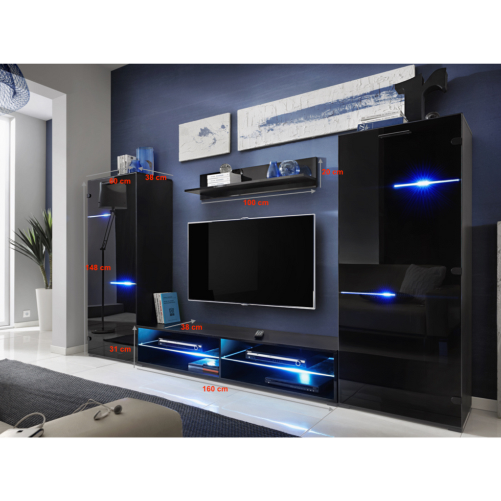 wohnwand modern - wohnzimmer-möbel-set - schwarz matt / schwarz