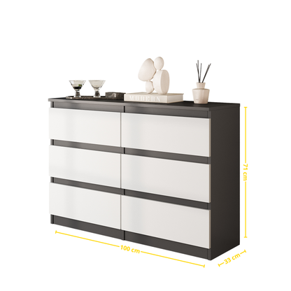 GABRIEL - Kommode / Sideboard mit 6 Schubladen - Anthrazit / Weiß Matt  H71cm B100cm TD33cm
