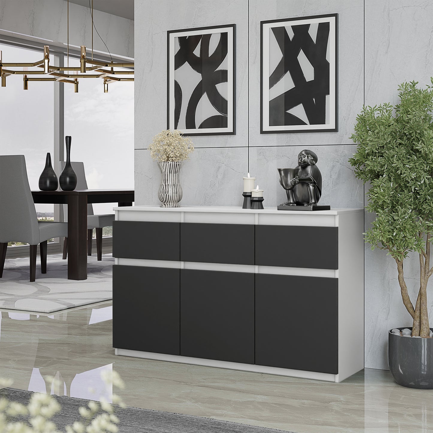 NOAH - Kommode / Sideboard mit 3 Schubladen und 3 Türen - Weiß Matt / Anthrazit Grau H75cm B120cm T35cm