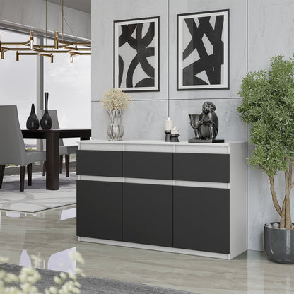 NOAH - Kommode / Sideboard mit 3 Schubladen und 3 Türen - Weiß Matt / Anthrazit Grau H75cm B120cm T35cm