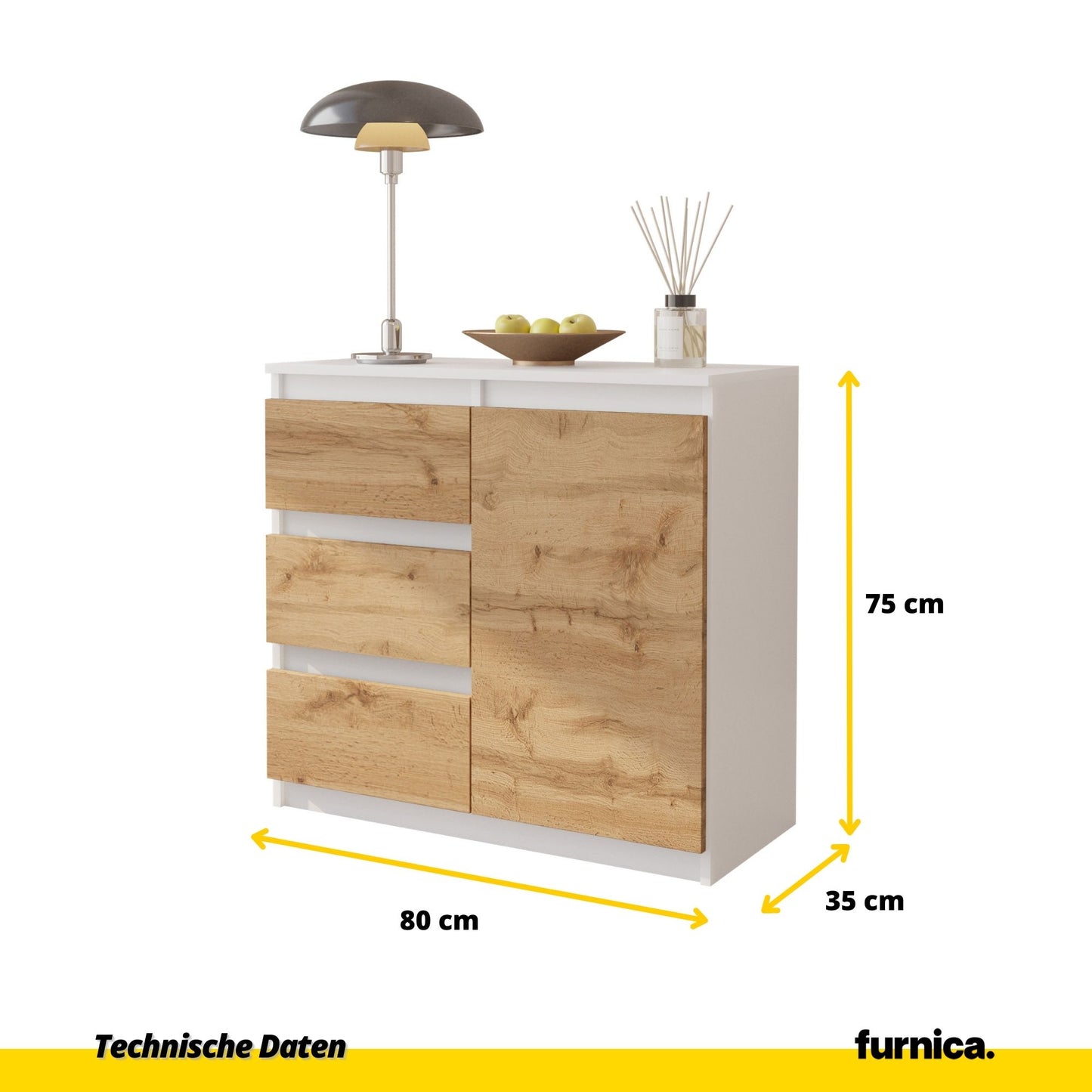 MIKEL - Kommode / Sideboard mit 3 Schubladen und 1 Tür - Weiß Matt / Wotan Eiche H75cm B80cm T35cm