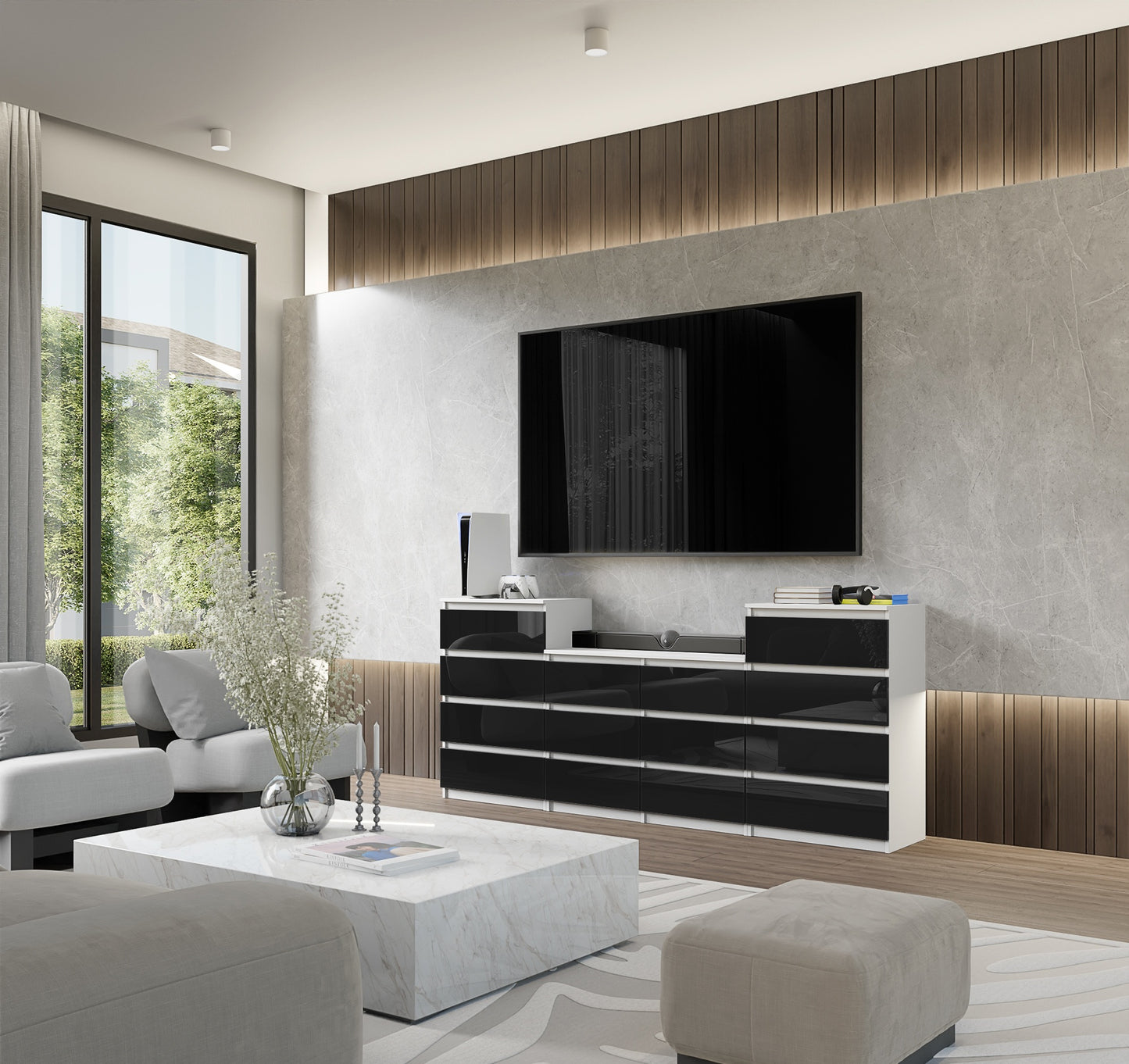 GABRIEL - Kommode / Sideboard mit 14 Schubladen (4+6+4) -  Weiß Matt / Schwarz Gloss H92/70cm B220cm T33cm