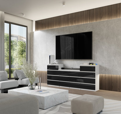 GABRIEL - Kommode / Sideboard mit 14 Schubladen (4+6+4) -  Weiß Matt / Schwarz Gloss H92/70cm B220cm T33cm