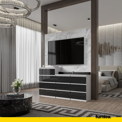 Kommode / Sideboard mit 10 Schubladen (6+4) - Weiß Matt / Schwarz Gloss H92/70cm W160cm D33cm
