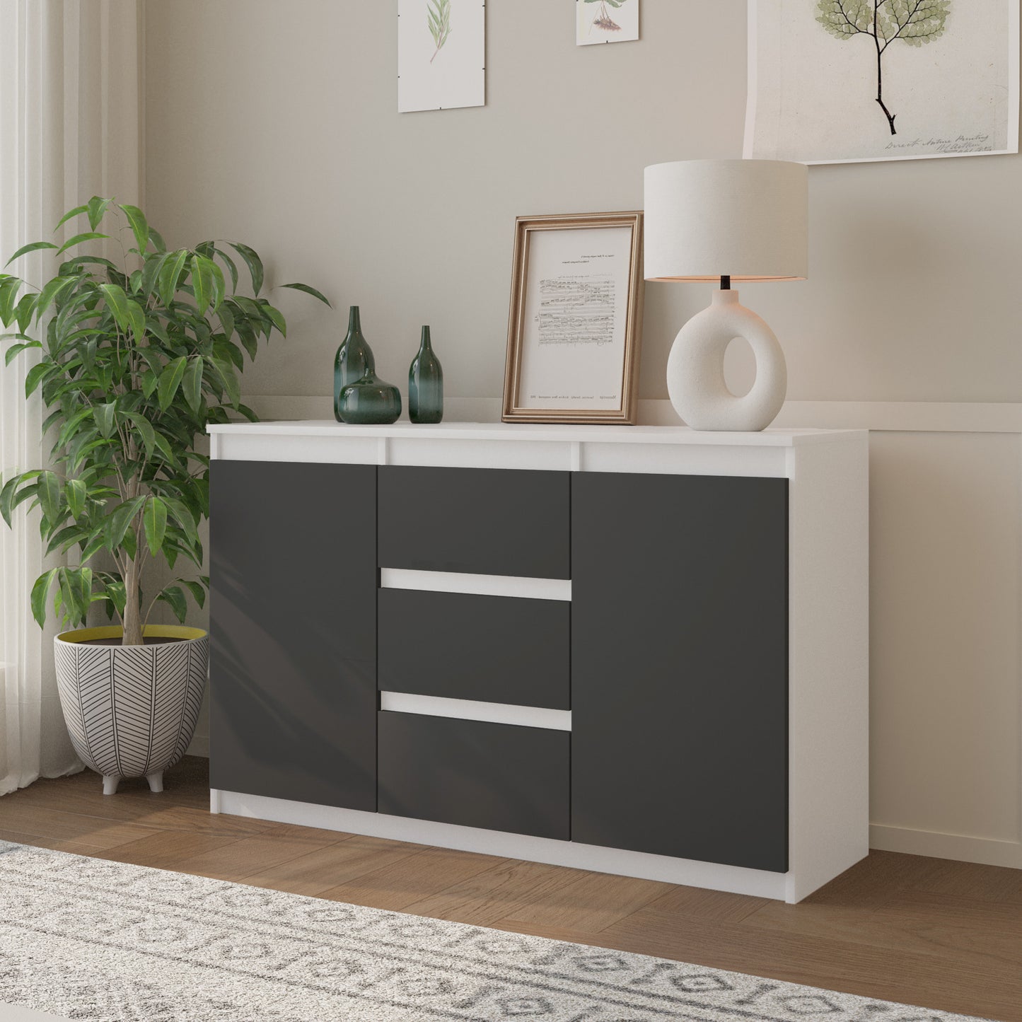 MIKEL - Kommode / Sideboard mit 3 Schubladen und 2 Türen - Weiß Matt / Anthrazit Grau H75cm B120cm T35cm