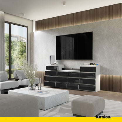 GABRIEL - Kommode / Sideboard mit 14 Schubladen (4+6+4) -  Weiß Matt / Schwarz Gloss H92/70cm B220cm T33cm