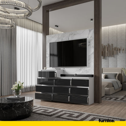 Kommode / Sideboard mit 10 Schubladen (6+4) - Weiß Matt / Schwarz Gloss H92/70cm W160cm D33cm
