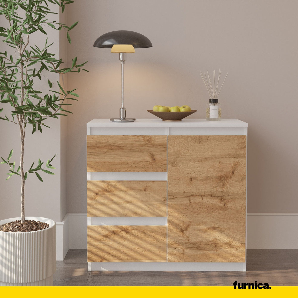 Kommode 80 cm MIKEL, 3 Schubladen 1 Tür, Weiß Matt/Wotan – Furnica