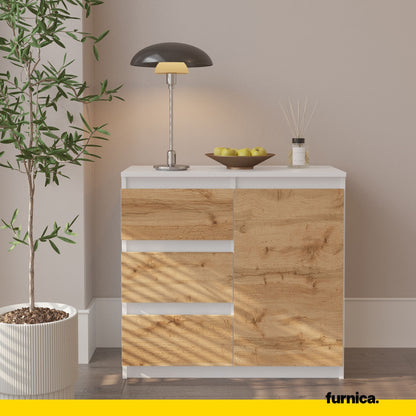 MIKEL - Kommode / Sideboard mit 3 Schubladen und 1 Tür - Weiß Matt / Wotan Eiche H75cm B80cm T35cm