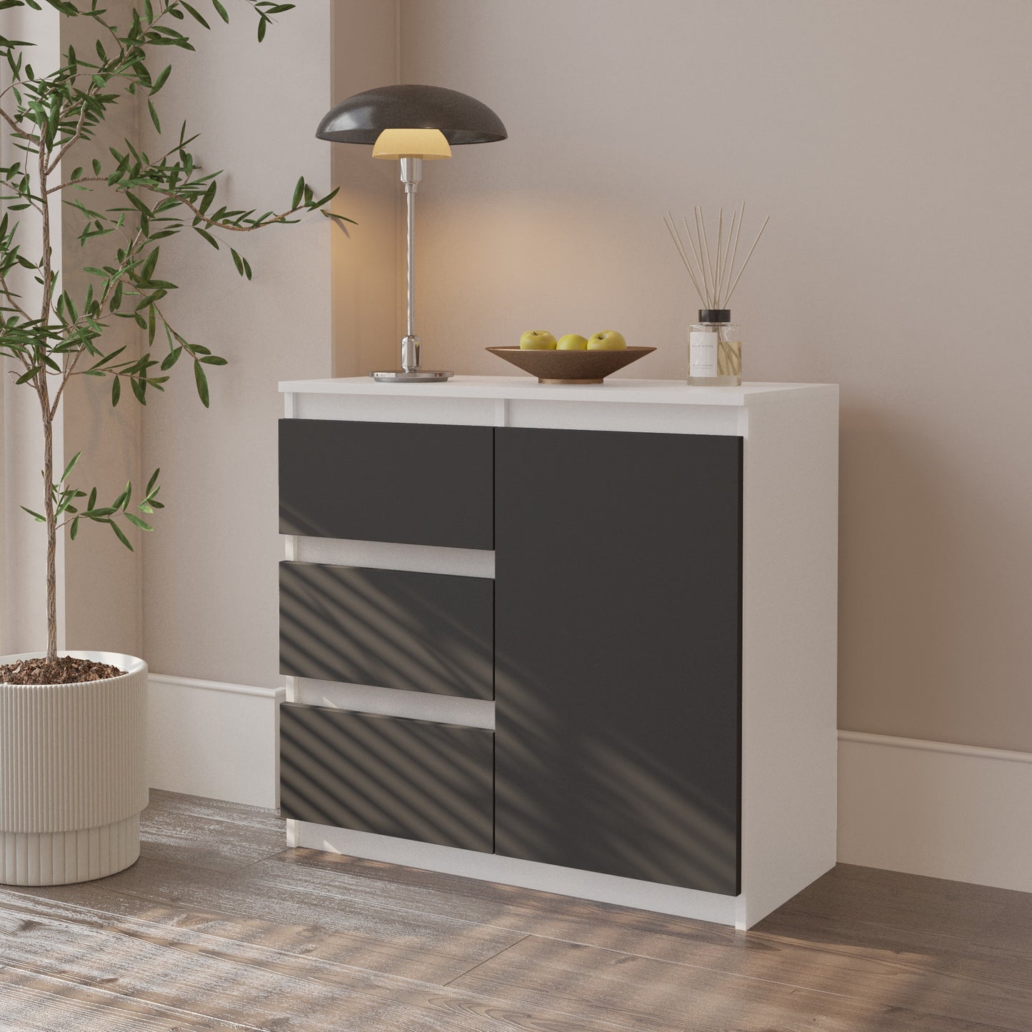 MIKEL - Kommode / Sideboard mit 3 Schubladen und 1 Tür - Weiß Matt / Anthrazit Grau H75cm B80cm T35cm