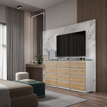 GABRIEL - Kommode / Sideboard mit 12 Schubladen (8+4) - Weiß Matt / Wotan Eiche H92cm B180cm T33cm