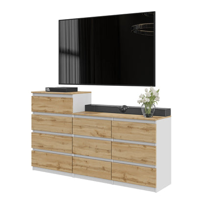 GABRIEL - Kommode / Sideboard mit 10 Schubladen (6+4) - Weiß Matt / Wotan Eiche H92/70cm B160cm T33cm