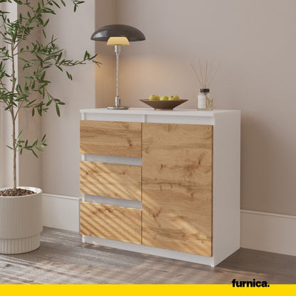 MIKEL - Kommode / Sideboard mit 3 Schubladen und 1 Tür - Weiß Matt / Wotan Eiche H75cm B80cm T35cm