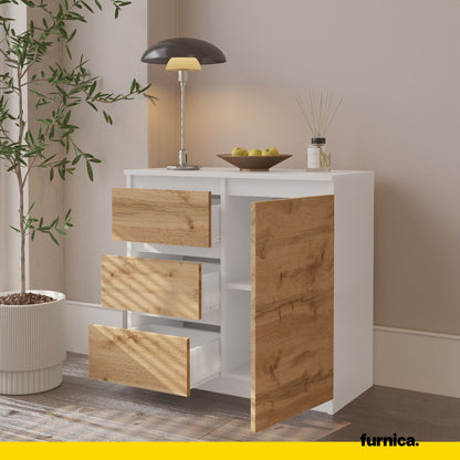 MIKEL - Kommode / Sideboard mit 3 Schubladen und 1 Tür - Weiß Matt / Wotan Eiche H75cm B80cm T35cm