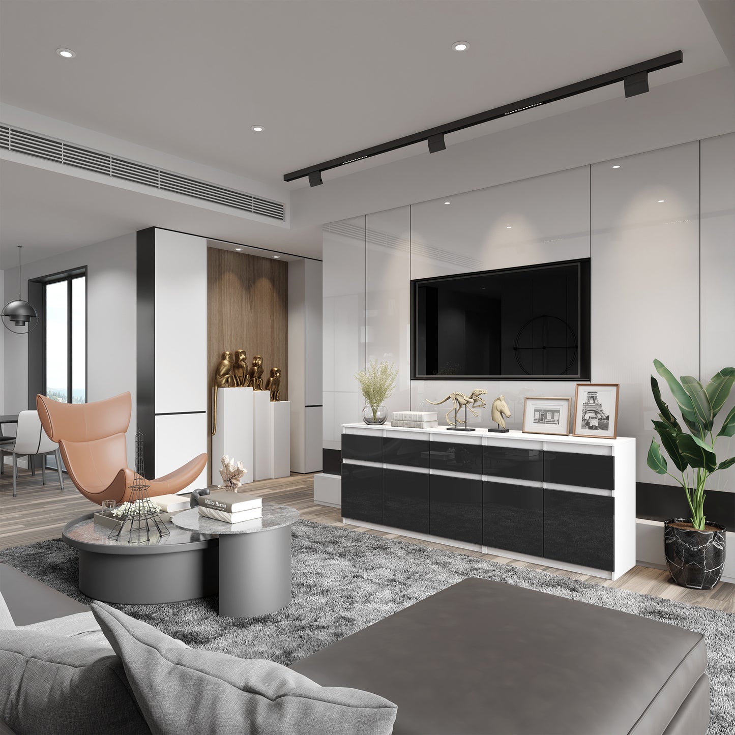 NOAH - Kommode mit 5 Schubladen und 5 Türen - Schlafzimmer Kommode Aufbewahrung Schrank Sideboard - Weiß Matt / Schwarz Glanz H75cm B200cm T35cm