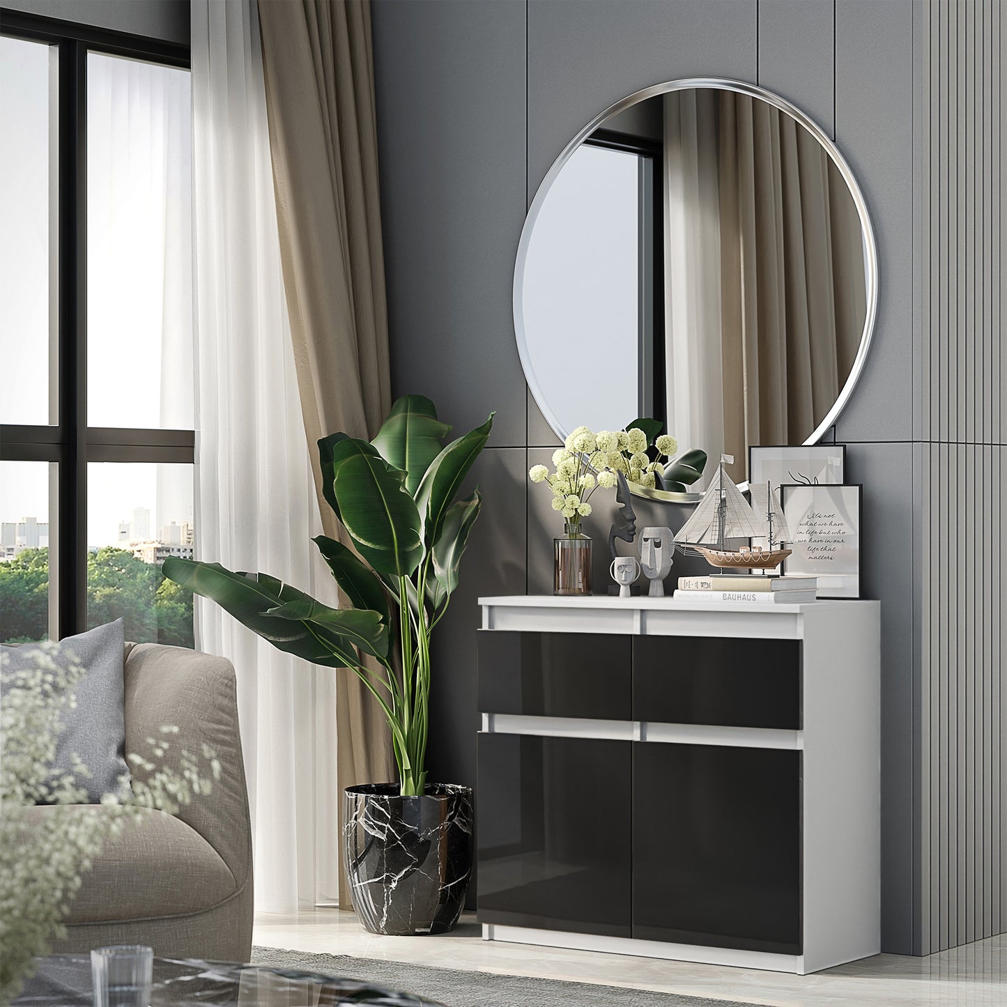 NOAH - Kommode / Sideboard mit 2 Schubladen und 2 Türen - Weiß Matt / Schwarz Gloss H75cm B80cm T35cm