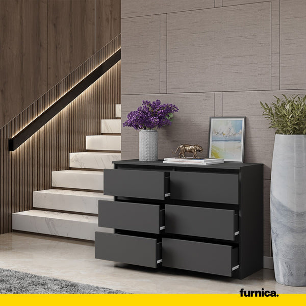 Furnica Kommode 100 Cm – Sideboard Mit 6 Schubladen, Weiß Matt & Wotan-Eiche Optik