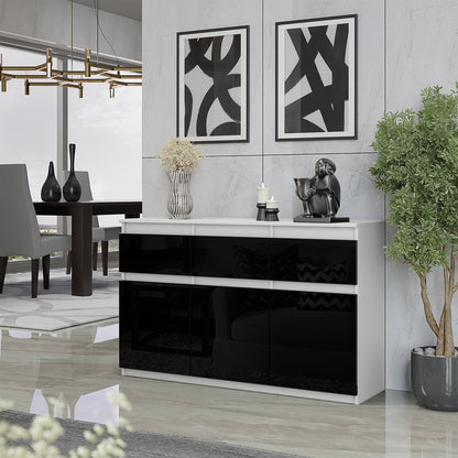 NOAH - Kommode / Sideboard mit 3 Schubladen und 3 Türen - Weiß Matt / Schwarz Gloss H75cm B120cm T35cm