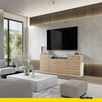 GABRIEL - Kommode / Sideboard mit 14 Schubladen (4+6+4) - Weiß Matt / Wotan Eiche H92/70cm B220cm T33cm