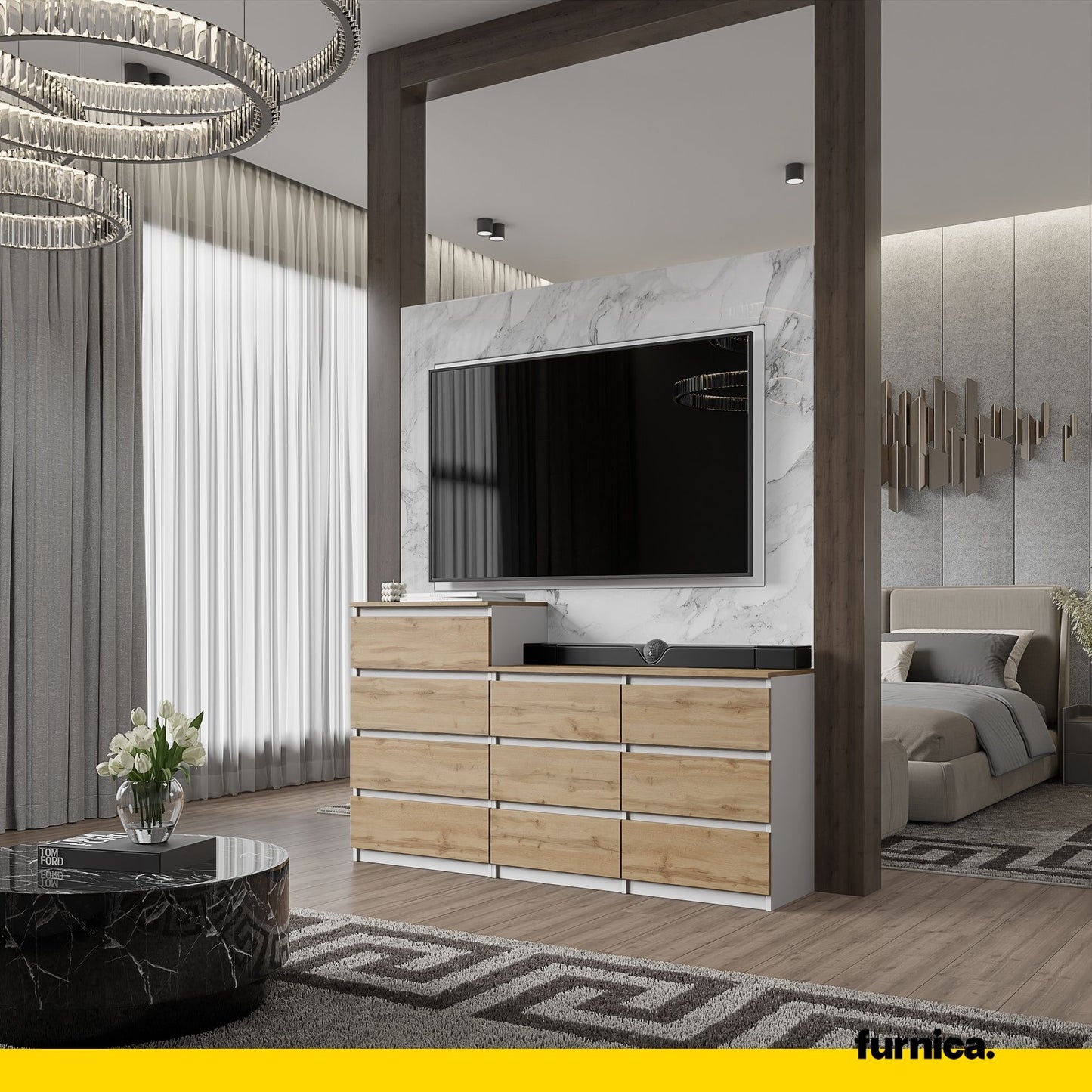 GABRIEL - Kommode / Sideboard mit 10 Schubladen (6+4) - Weiß Matt / Wotan Eiche H92/70cm B160cm T33cm