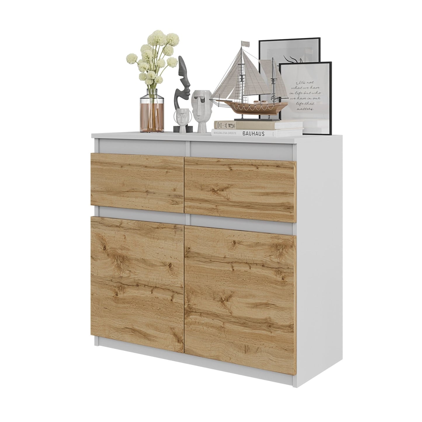 NOAH - Kommode / Sideboard mit 2 Schubladen und 2 Türen - Weiß Matt / Wotan Eiche H75cm B80cm T35cm