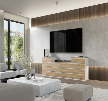 GABRIEL - Kommode / Sideboard mit 14 Schubladen (4+6+4) - Weiß Matt / Wotan Eiche H92/70cm B220cm T33cm