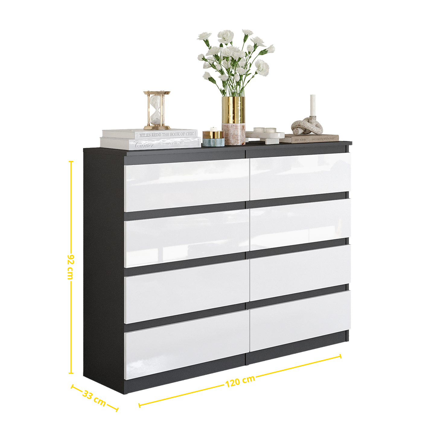 GABRIEL - Kommode / Sideboard mit 8 Schubladen - Anthrazit / Weiß Gloss H92cm B120cm T33cm