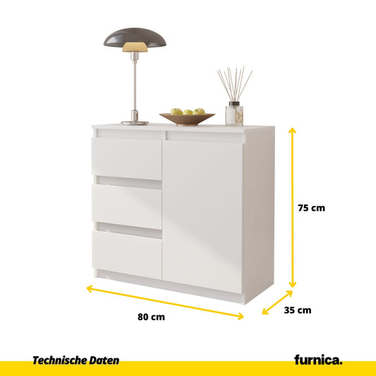 MIKEL - Kommode / Sideboard mit 3 Schubladen und 1 Tür - Weiß Matt H75cm B80cm T35cm