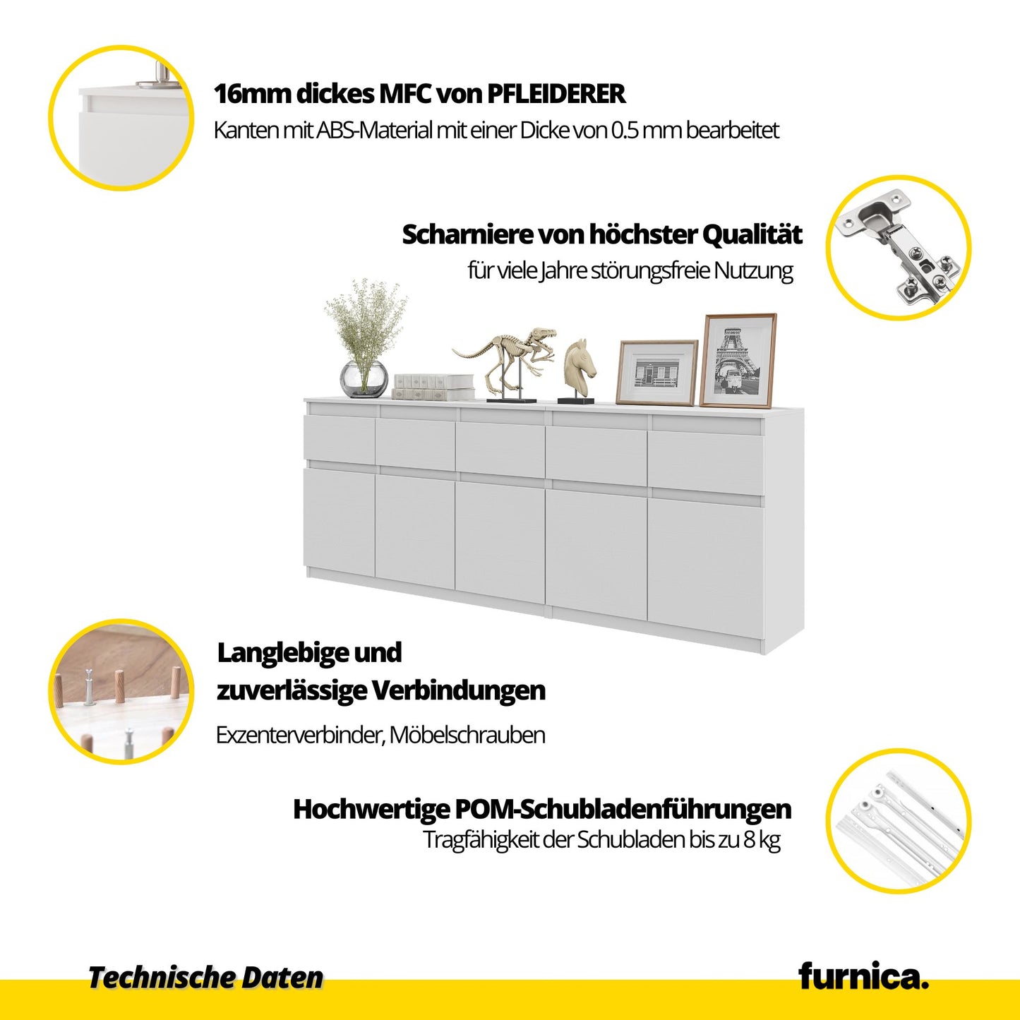 NOAH - Kommode mit 5 Schubladen und 5 Türen - Schlafzimmer Kommode Aufbewahrung Schrank Sideboard - Weiß Matt / Weiß Matt H75cm B200cm T35cm