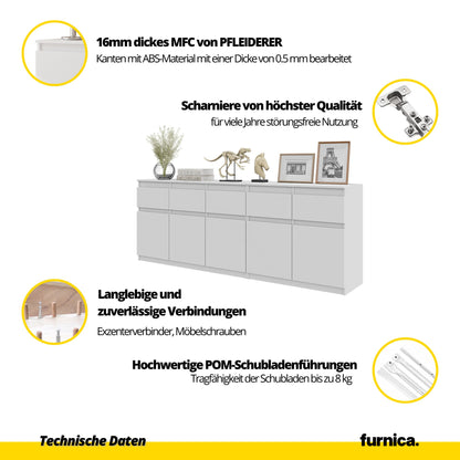 NOAH - Kommode mit 5 Schubladen und 5 Türen - Schlafzimmer Kommode Aufbewahrung Schrank Sideboard - Weiß Matt / Weiß Matt H75cm B200cm T35cm