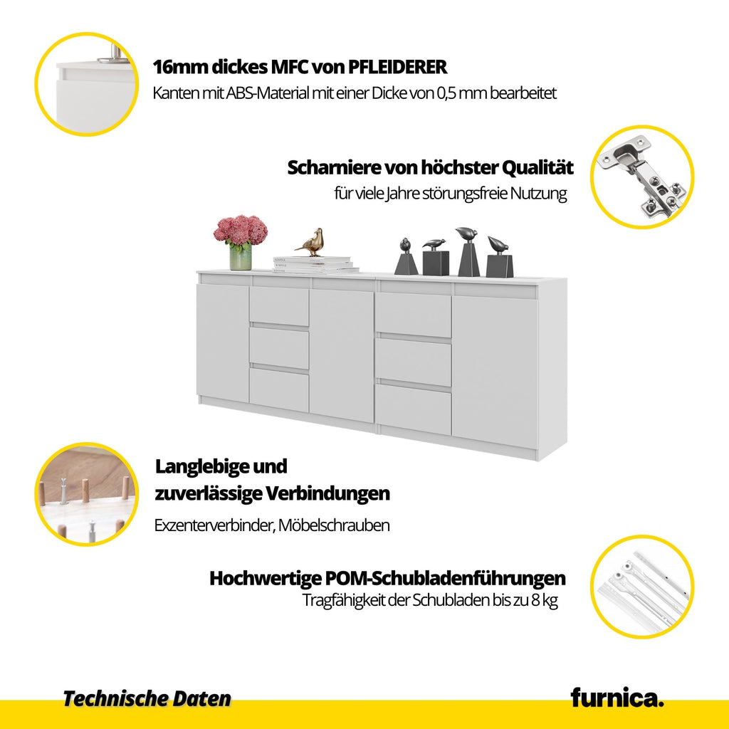 MIKEL - Kommode mit 6 Schubladen und 3 Türen - Schlafzimmer Kommode Aufbewahrung Schrank Sideboard - Weiß Matt / Weiß Matt H75cm B200cm T35cm