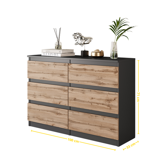 GABRIEL - Kommode / Sideboard mit 6 Schubladen - Anthrazit / Wotan Eiche H71cm B100cm T33cm