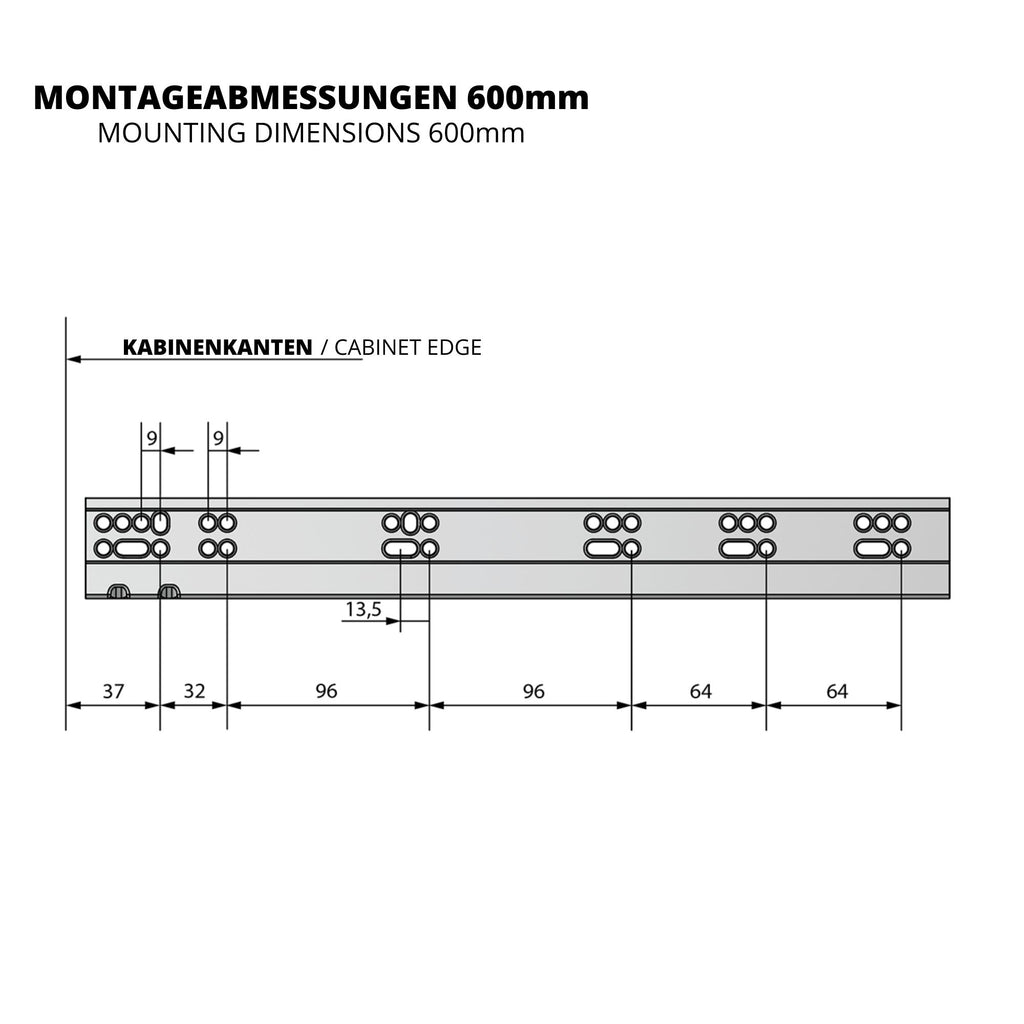 Soft-Close Unterflurführungen Schubladenschienen, Vollauszug 600mm