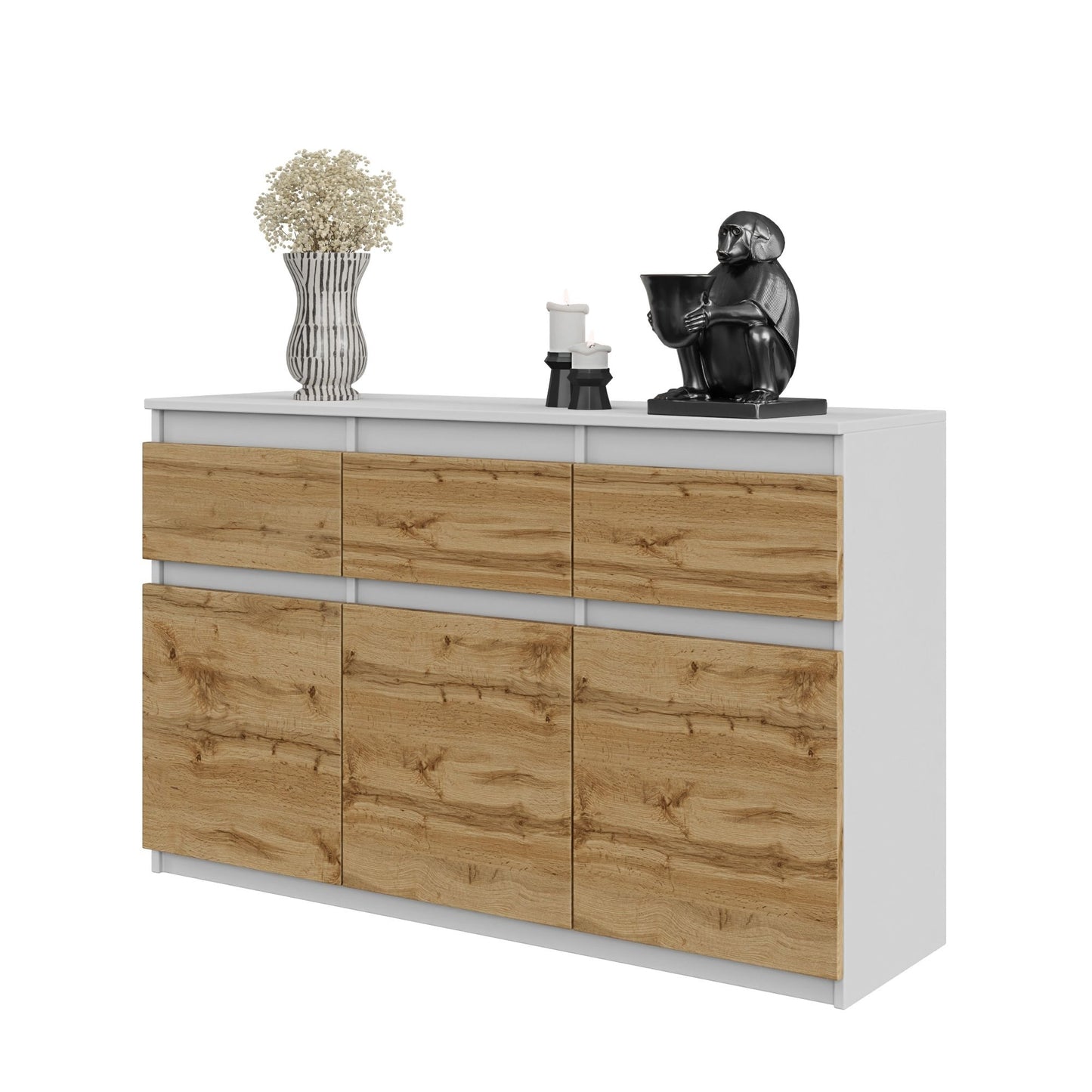 NOAH - Kommode / Sideboard mit 3 Schubladen und 3 Türen - Weiß Matt / Wotan Eiche H75cm B120cm T35cm